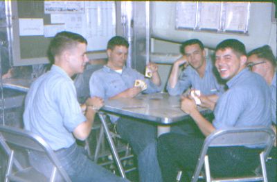 Of course, card games were always an hot item on board.  
 I think the big game was always "Hearts".  
We weren't smart enough to play anything else. 
 Four of those guys are Dunn, Jones, Mosher and Ashley.
 

