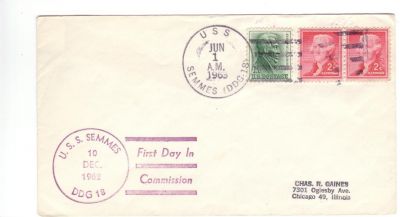 Here's an oddity. This cover was mailed on June 1, 1963 long after our 
commissioning date, but someone also stamped "First Day" in the lower left 
with our commissionind cancel. Perhaps our postal clerk was doing this for a 
friend that sent the cover in to be cancelled?

Mitch

