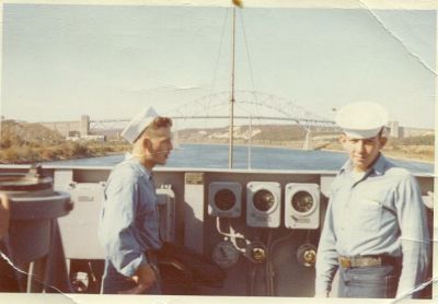 Dave English on the left with Joe Cavallaro on the bridge going through the 
Cape Cod Canal in 63.
