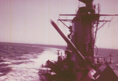 Nice "action" shot!   
I took this one from the bridge.   
Note on picture says "1964".   
Some of you guys must have some pics to share.   
Would enjoy seeing some with crewmembers in them.    
Wish I had taken more of the crew then...... wish I could've afforded a 
camera then.   
I think this one was borrowed.    Or if it were mine, it was in the pawn 
shop most of the time!  
I remember someone having a movie camera, and getting pictures of me in the gig.Would be fun to see them again. 
Enjoy!

Mitch
