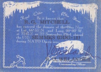 How many of you still have your Blue Nose card?   
I don't throw anything away! Brrrrrrrrrrrrrr, it was cold wasn't it?  
Do you remember the eagle that landed on our bow in the North Atlantic?  
Stayed there a long time!    Needed a rest I'm sure.  
Brings back memories of freezing watches, drinking lots of hot coffee, or 
at least holding it in your hands to keep them warm!  
How about standing inside the vents back aft to keep warm? 
Anyone know where "Doc" Bob Miller went to?  
One of our sailors needs to get some documentation from him about treatment 
for frostbite on the Semmes during our trip. 
Hey, you guys write down your memories about all these things, so we can 
share them at the reunion, or even in the email.


Mitch
