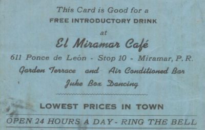 Ok, this isn't as good as a photo of the crew or one of the beauty queens we 
usually picked up! But, it should jog your memory of some great times we had!

The rule of thumb for a great liberty is first to get hold of the "Off Limits"
list that the ship puts out.Those usually are the best places for a sailor 
to go.... right?   As a young sailor, I've got to say "YES". As a corpsman 
it makes me shutter! You don't know how many shots I've had to give over 
the years to young sailors and Marines. and oh yes, a fair share to our 
fellow officers.... but being the "professional" person that I am. that I 
became....I won't discuss that.   (Ha, ha).   Anyway, San Juan makes me think f "five and two",
 "my mother is a virgin",  and yes, I do remember those 
beautiful sunsets. when they weren't blurry! I remember getting a "free 
ride" in the paddy wag! on along with Joe Miele, and a few other sailors.
That cost me a few days restriction or hours extra duty I'm sure! I remember 
the mixed drinks were 10 cents, and if you wanted a cold beer they were 25 
cents. Do you think this encouraged you to drink the hard stuff?
 Start 
making your notes, writing those sea stories down, and gathering your photos 
for the reunion. After 40 years, you'll need the old pictures because no one 
will recognize you now!
