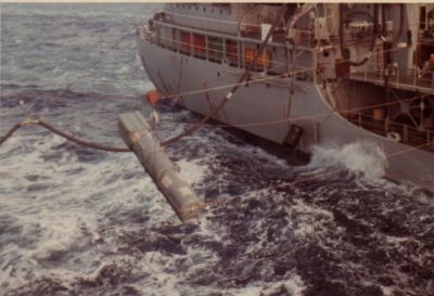 Chikaska highlines an ASROC while Semmes keeps station 80 feet to
starboard.
