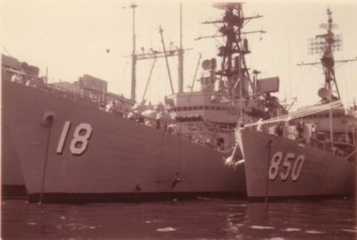 Semmes med moored. This shot was taken during an earlier stop at Naples. DD850 
was the Joseph P Kennedy, the tender, according to my notes was the 
USS Shenandoa.
