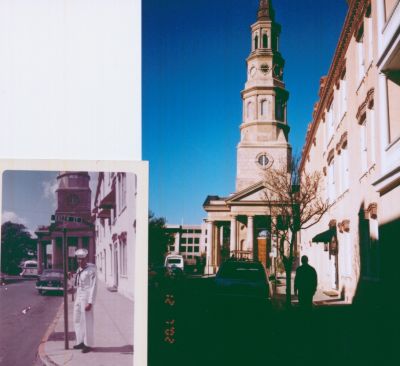 Here's a picture of Vic Martino at the corner of Queen Street in 1963, 
another shot in 2002, with Mitch standing where the street sign used to be. 
The street sign was moved across the street. Saint Phillips Church is in 
background. A newer car is parked in same place, and it looks like the bus 
never left!
