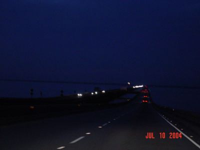 Nightime crossing the long, 24 mile bridge between the South and North shore 
of Lake Pontchartrain
