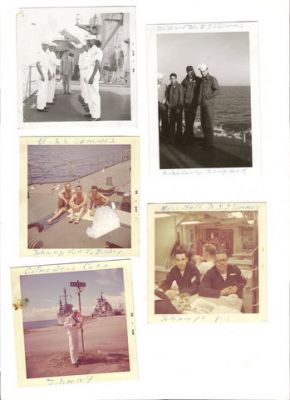 Gunnery Div.
Sunbathing on deck R&R Eric,Horst & Juan
Gitmo Bay ( Before drinking those Cuba Libres for  $.15)
Top Right-Horst,Juan,Cassidy & Eric.
Mess-Hall MM Hill & Juan & sitting behind Tex

