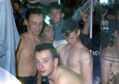 crowded passage way in crew quarters 1964
Wayne Fisher, Terry Devilling, Joe Cavallaro, Ken Johnson and unknown
Keywords: Tarrance